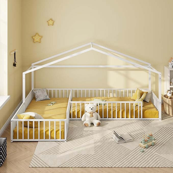 Double Twin Size L-Shaped Floor Bed,Metal Corner House Bed Frame with Fence,House-Style Floor Bed for 2 Kids,Without Slats,White