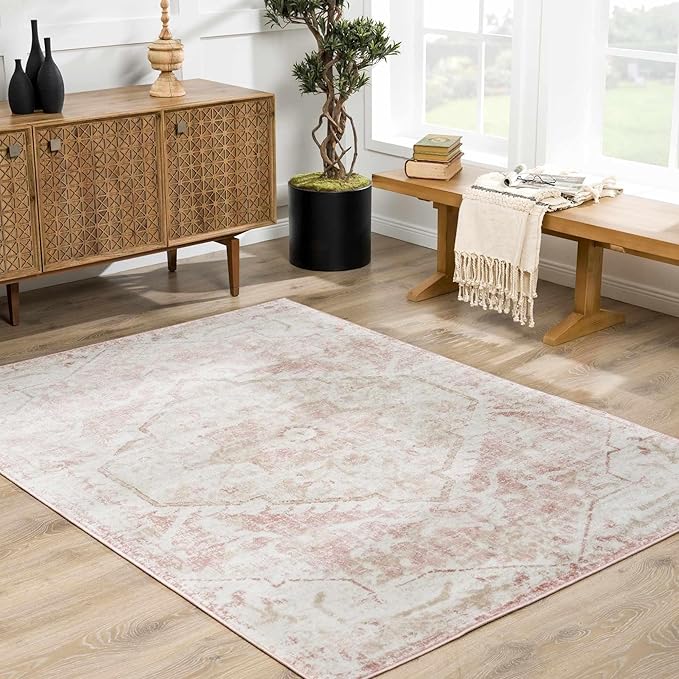 BoutiqueRugs Blush & Light Pink Collection Leonora Bohemian Oriental Medallion Area Rug - Traditional Floral Carpet for Living Room, Bedroom - Blush, Pale Pink, Cream - 3'11" x 5'7"