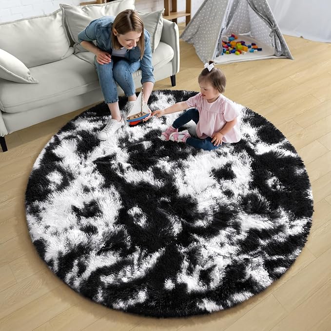 EVOIONOS Round Black White Tie-dye Rug, Fluffy Circle Rug 4x4 Feet for Kids Room, Shaggy Plush Circular Carpet for Bedroom, Soft Non Slip Floor Mat, Furry Cute Small Throw Rug for Kids Room Home Decor