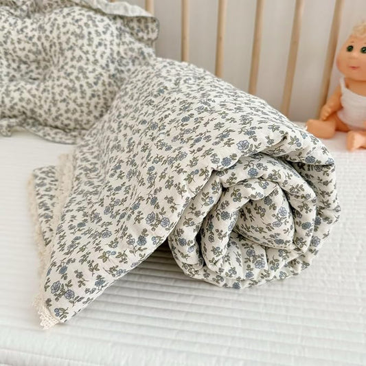BuLuTu Blue Flower Design Toddler Blanket for Girls Boys Chic Shabby Floral Crib Quilt Soft Lightweight Gauze Cotton Toddler Comforter, All Seasons, Blue Floral Pattern, 60x78 Inches
