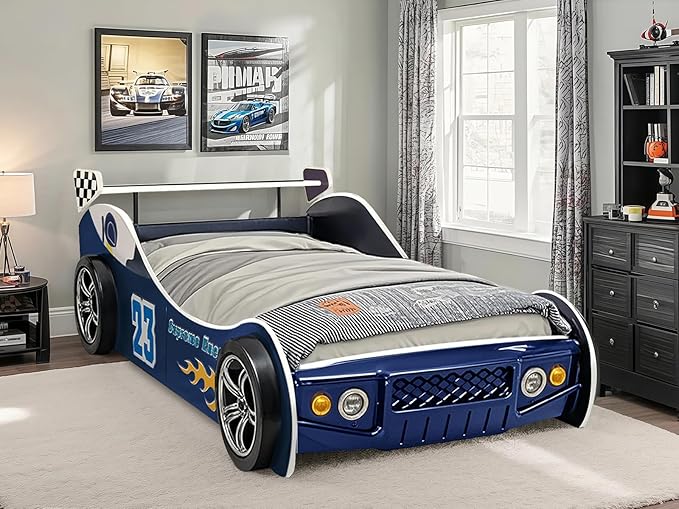 Race Car Twin Bed Frames for Kids, Wood Car-Shaped Bed Frame with Wheels LED Lights & Slat Support for Toddler, Teens, Boys or Girls (Race Car-Blue)