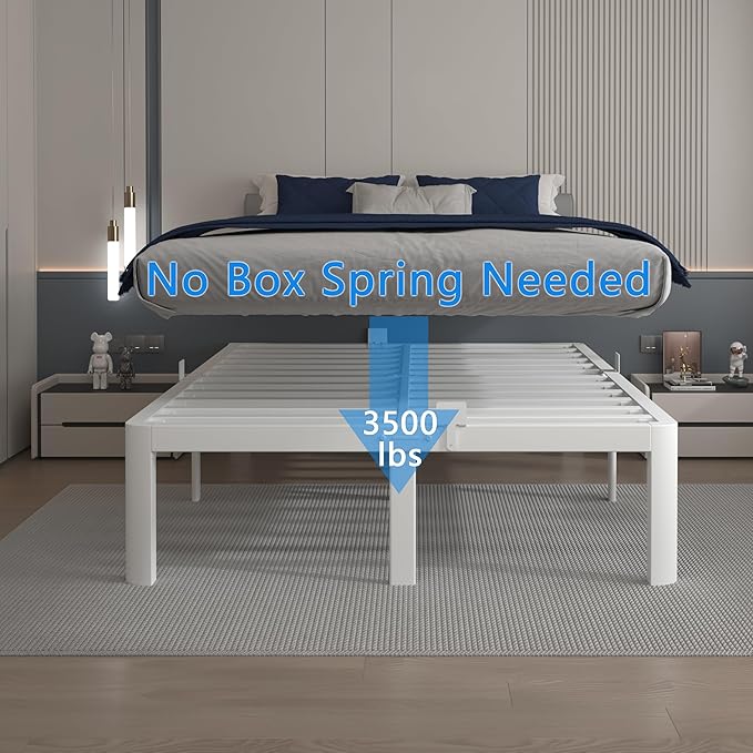 14 Inch White Full Size Bed Frame, Metal Bed Frame Full with Gaskets, No Box Spring Needed, Heavy Duty Steel Platform Supprt, Rounded Corner Design, Reserved Holes, Storage Space, Noise Free