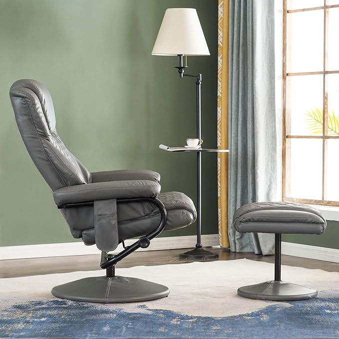 MCombo Recliner with Ottoman, Reclining Chair with Massage, 360 Swivel Living Room Chair Faux Leather, 4901 (Grey)