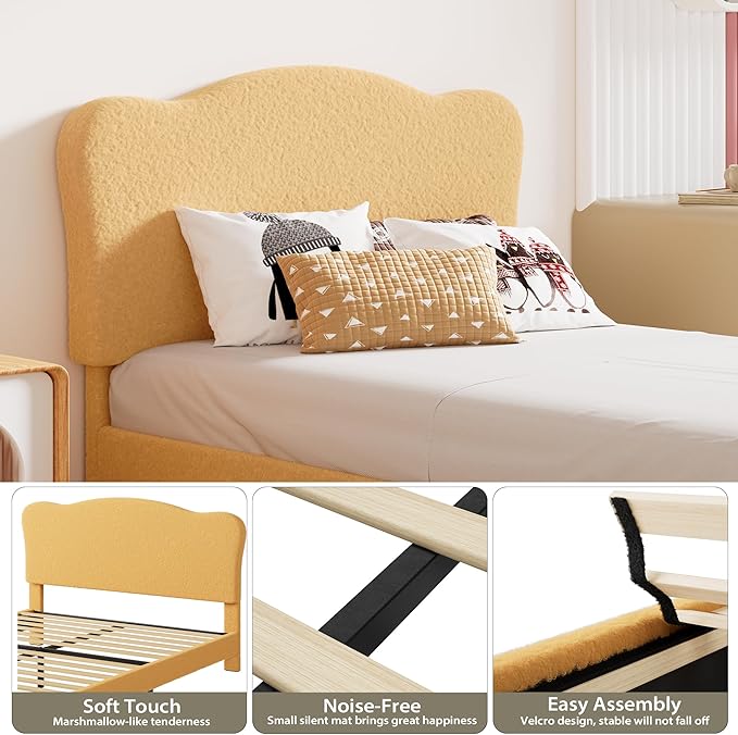 GarveeHome Upholstered Twin Size Bed Frame for Kids with Scallop Headboard, Cute Velvet Twin Bed for Girls, Boys, Sturdy Platform Bed, No Box Spring Needed, Wooden Slats, Noise Free, Yellow