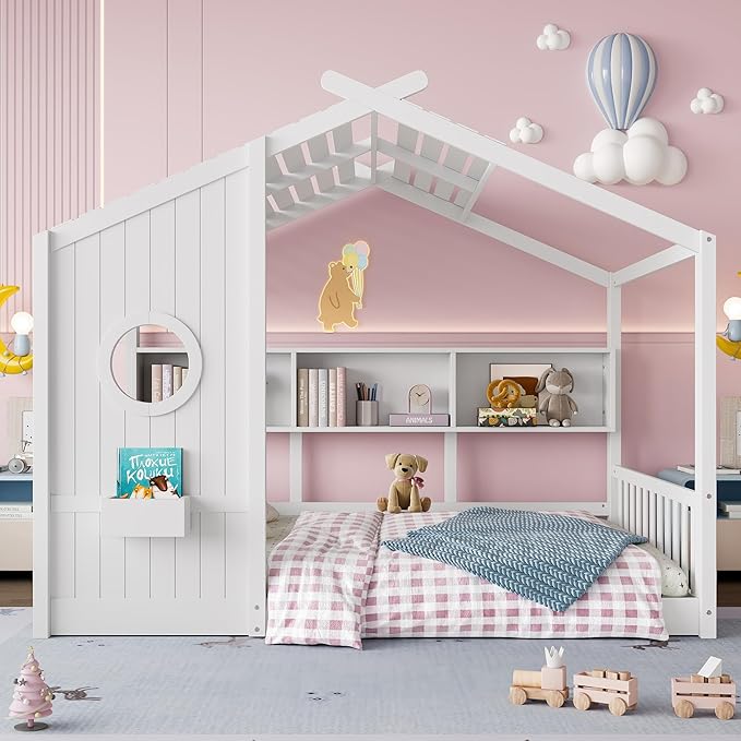 Merax Wood Cute House Bed with Storage Shelves, Full Size Floor Platform Bed Frame with Headboard & Roof Design, No Box Spring Needed, White