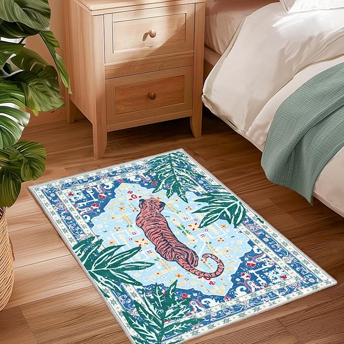 2x3 Washable Non-Slip Blue Tiger Rug for Bathroom Kitchen Entryway Whimsical Animal Cheetah Print Jungle Rug Boho Vintage Soft Cozy Tropical Woodland Small Carpet for Hallway Laundry Room