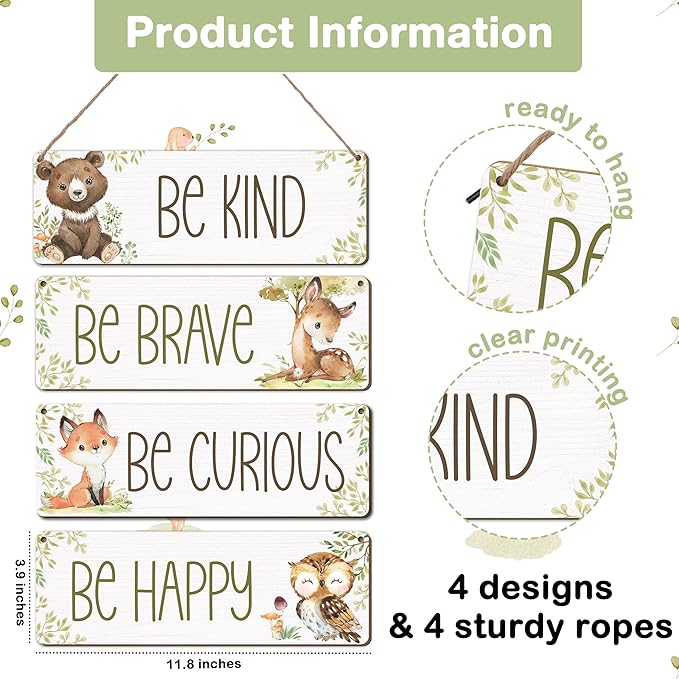 Woodland Nursery Decor, Jungle Safari Animals Boysroom Wall Sign Art, Be Kind Brave Curious Happy Decorations for Kids Boys, 4 Pieces Wood Sign, 3.9x11.8 In-A03