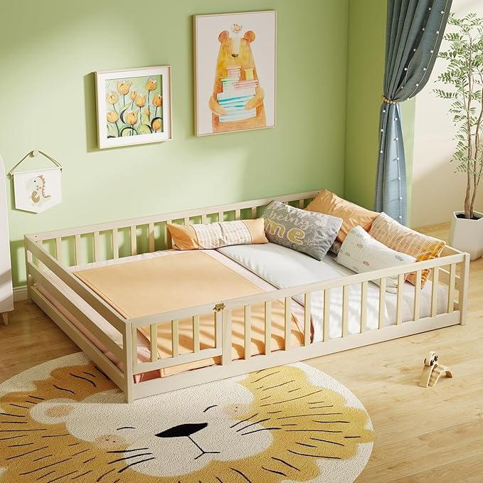 KOMFOTT Full Size Wood Floor Bed with Door & Fence, Montessori Bed Frame with Full Length Safety Guardrails, Door & Latch, Wooden Montessori Floor Bed for Kids, Girls, Boys (Full,Natural)