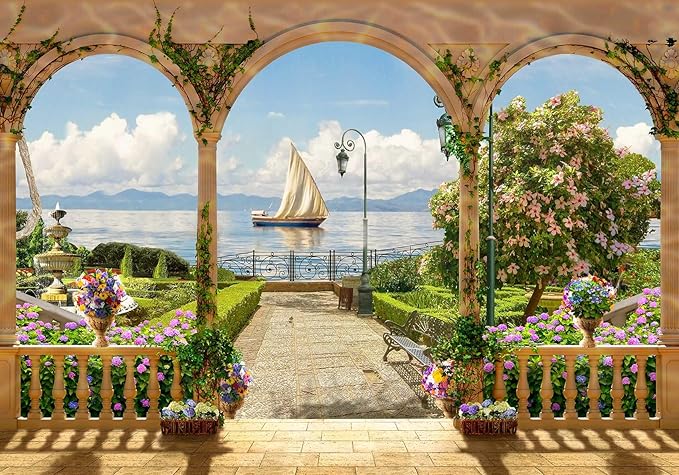 Garden Wallpaper Seascape Sailboat Wall Mural for Bedroom Living Room (Not Self-Adhesive)