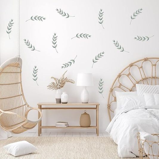 Decalcomania Greenery Leaves Wall Decals - Set of 18 Large Green Leaf Wall Stickers for Kitchen Bedroom Living Room Laundry Bathroom Decor Removable Peel and Stick Indoor Wall Decor