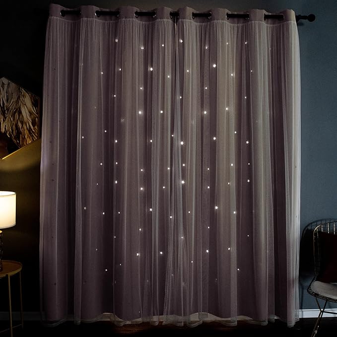 Kinryb Princess Curtains for Girls Bedroom with Sheer Overlay,Double Layer Curtain for Living Room with Star Cutout, Curtains for Kids Room (52 W*108 L Inches,2 Pcs Pink)