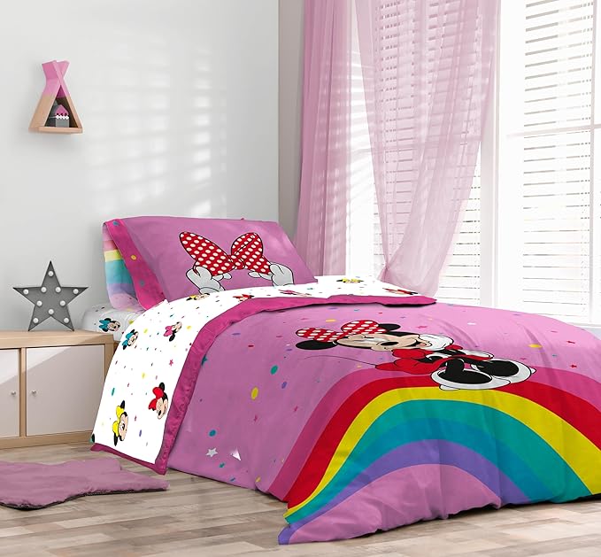 Sunny Side Up Disney Minnie Mouse Full Comforter Set - 7 Piece Kids Bedding Includes Comforter, Sheets & Pillow Cover - Super Soft Rainbow Dots Microfiber Bed Set