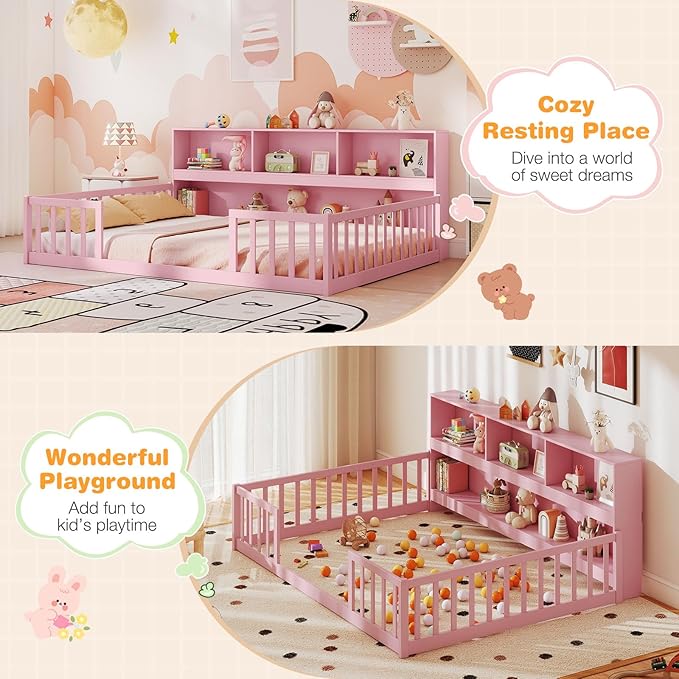 Giantex Full Size Floor Bed for Kids, Wooden Montessori Bed Frame with Bookcase, Storage Shelves & Safety Fence Rails, Floor Beds Full for Girls, Boys, No Box Spring Needed, Without Slats, Pink