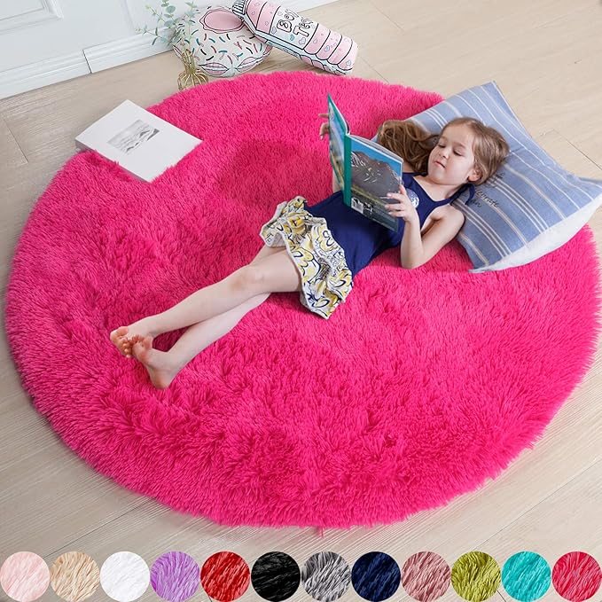 Hot Pink Round Circle Rug 6Ft for Girls Bedroom, Big Fluffy Area Rugs for Kids Room Decor Aesthetic, Shag Plush Fuzzy Furry Carpet for Living Room Nursery Dorm Classroom, Cute Teen Baby Preppy Rug
