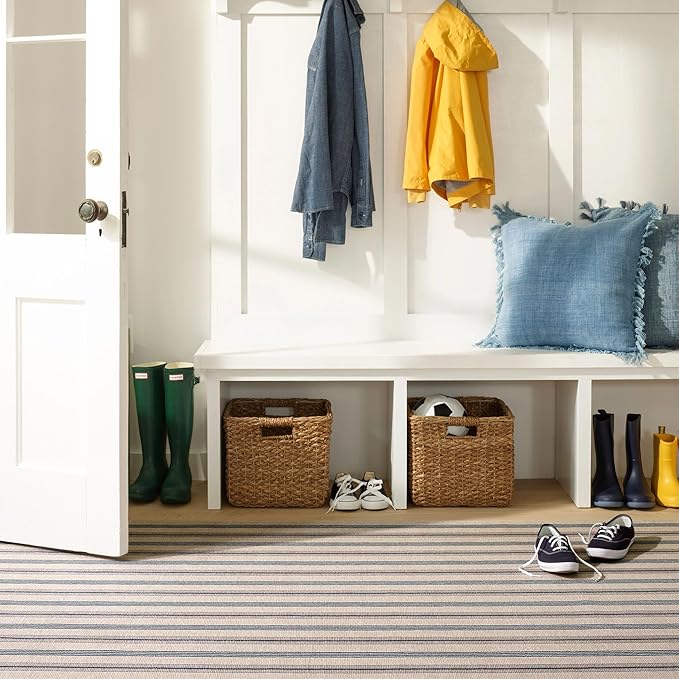 Dash and Albert Nimes Ticking Machine Washable Area Rug - 3' x 5' Neutral Stripe Washable Accent Rug - Durable, High Traffic Areas Kitchen, Mudroom, Hallways