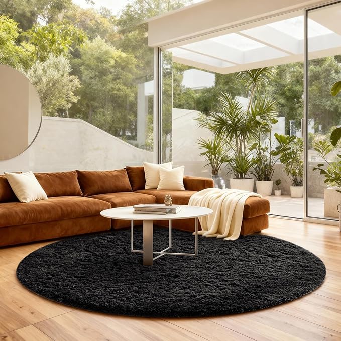 Ophanie Round Rug 7Ft Black Circle Area Rug, Room Decor for Men, Fluffy Fuzzy Bedroom Carpet, Plush Soft Shaggy Living Room Rugs for Kids Home Decor Aesthetic, Nursery