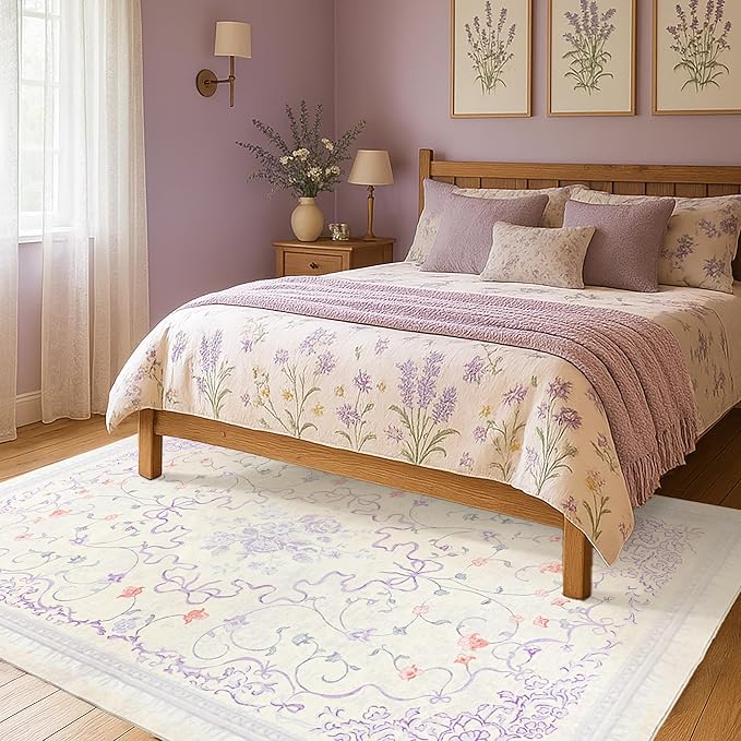 Pastel Purple and Pink Area Rug for Dorm Kids Room 6x9 Washable Light Lavender Whimsical Fairy Bow Floral Fun Rug for Girls Bedroom Toddler Play Room
