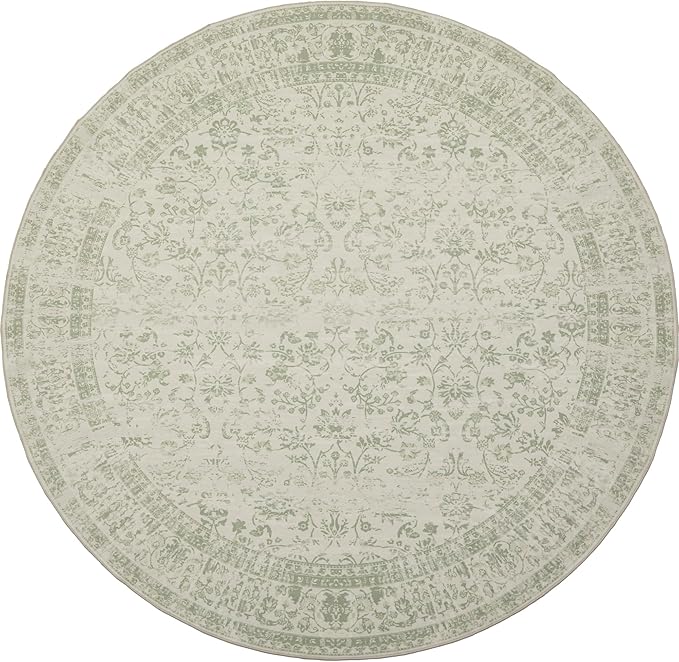 6ft Round 6' Round Rug Washable Area Circle Rug Vintage Carpet Indoor Floor Cover Floral Print Sage Green