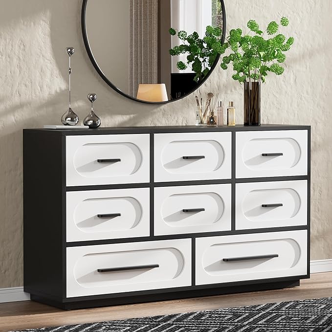 Modern 8 Drawers Dresser for Bedroom, 54" Wide Dressers & Chests of Drawers w/Solid Wood Handle, Mid Century Dresser TV Stand w/Natural Texture for Bedroom, Living Room, White
