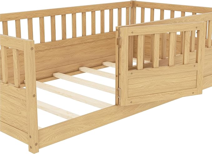 Bellemave Twin Floor Bed with Slats and High Fence, Twin Size Montessori Floor Beds with Door, No Box Spring Needed, Easy Assemble Montessori Bed Frame(Natural Twin)