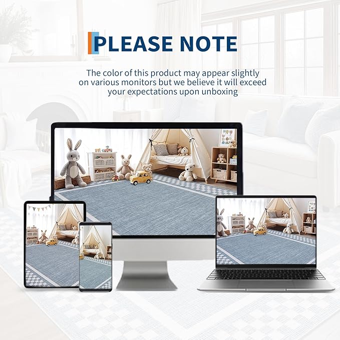 GarveeHome Area Rug 9x12 Living Room Rug Modern Bordered Soft Large Area Rugs for Bedroom Washable Checkered Dining Room Throw Carpet Non Slip Stain Resistant Geometric Rugs for Home Office, Blue