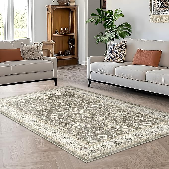 WITSHOCK Living Room Area Rugs 5x7: Washable Rug Boho Soft Non-Slip Low Pile Stain Resistant Foldable Carpet for Bedroom Playroom Dining Room Office Kitchen Farmhouse Home Decor Rug-Brown/Beige