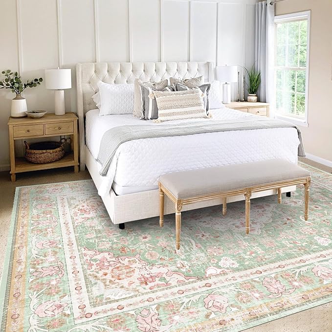 Vhong Washable Area Rugs Boho Vintage Modern Neutral Large Carpet Green and Pink High Traffic Rugs 6×9 for Dinning Room Living Room Bedroom Farmhouse Non Slip