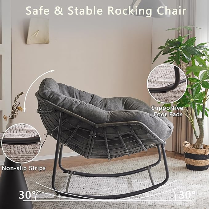 Oversized Outdoor Papasan Rocking Chair with Soft Cushion, Comfy Patio Egg Chair, Wicker Lounge Rocker for Balcony/Porch/Garden, Reinforced All Weather Rattan Frame, 330 lbs Support, Dark Grey