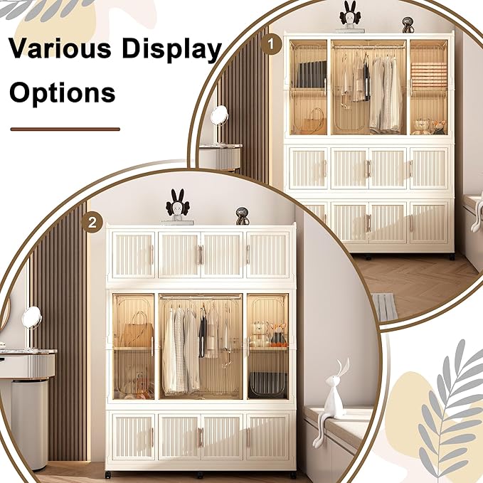 Portable Closet Wardrobe, Foldable Clothes Organizer with 12 Cubes Storage, Hanging Rods, Easy Assemble Clothing Organizer with Magnet Doors, Wardrobe Storage Cabinet for Kids,Baby,Adult