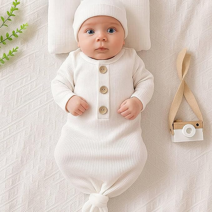 OPAWO Knotted Gown Baby Newborn Sleepers Baby Boy Coming Home Outfit, Bamboo Viscose Baby Gowns with Mitten Cuffs and Hat Set