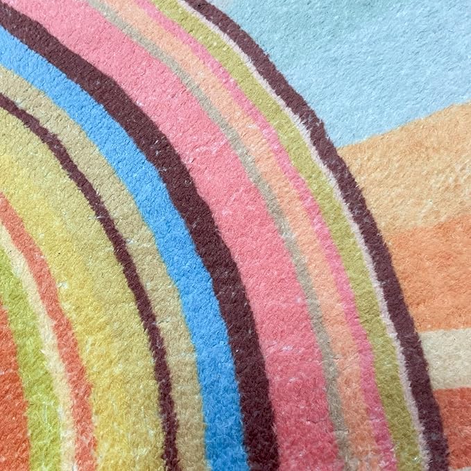 Kids Rug Circle Sun Rug for Girls Bedroom Round Rainbow Nursery Mat 2.6Ft Chic Bedside Carpet for Children Cartoon Crawling Mat for Playroom Indoor Home Decor