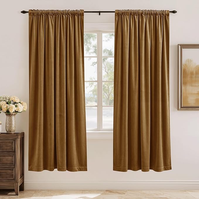 StangH Velvet Curtains Gold Brown Thermal Insulated Room Darkening Drapes for Bedroom Living Room Home Theater Decorative Privacy Protect Window Treatment with Back Tab, Set of 2, 52x72 Inches