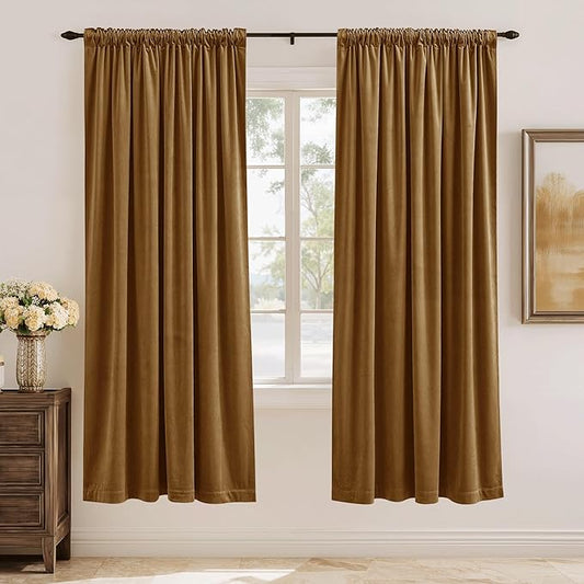 StangH Velvet Curtains Gold Brown Thermal Insulated Room Darkening Drapes for Bedroom Living Room Home Theater Decorative Privacy Protect Window Treatment with Back Tab, Set of 2, 52x72 Inches