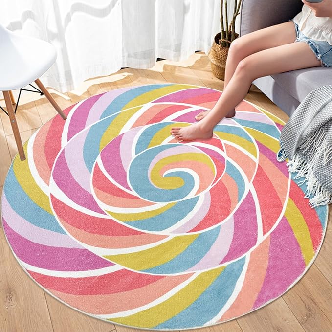 Kids Rug Play Mat 4Ft Round Rainbow Lollipop Girls Bedroom Carpet Circle Candy Nursery Mat Playroom Rug for Children Crawling, Candyland Party Decorations