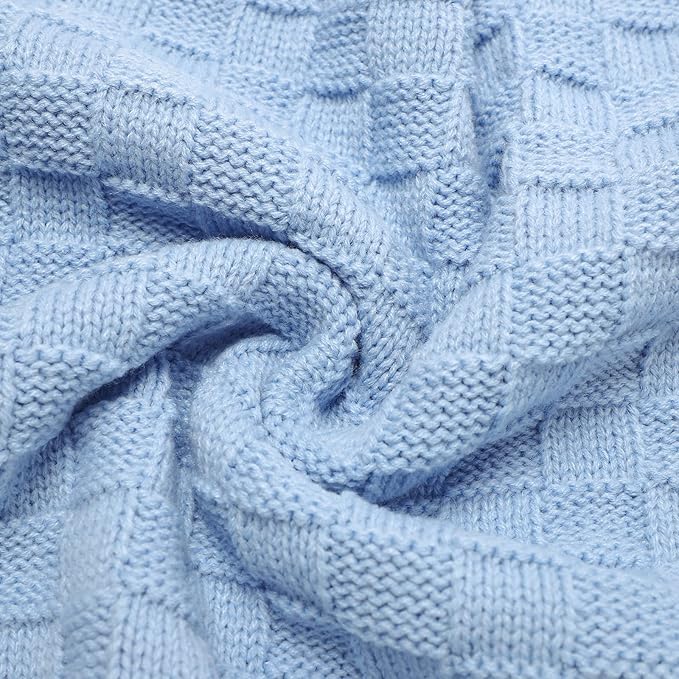 LAWKUL Baby Blanket Blue Cable Babe Blanket Checkered Knit Newborn Infants Soft Airy Receiving Swaddle Neutral Unisex 40"x30"