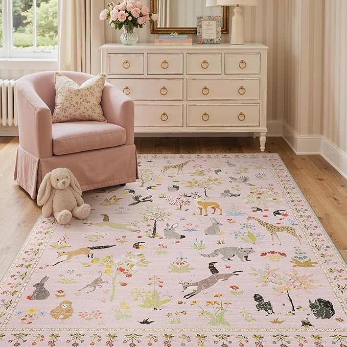 Rugs for Living Room 5x7 Floral Animal Print Area Rug Machine Washable Rug, Non Slip Low Pile Girl Room Carpet for Bedroom, Entryway, Nursery, Pink