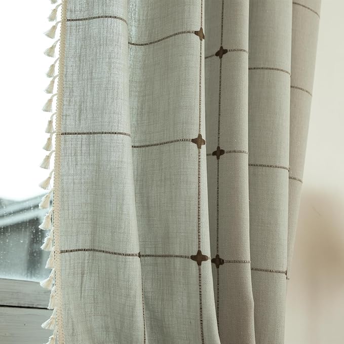 Deeprove Boho Curtains 84 Inches Long for Bedroom, Checkered Bohemian Chic Textured Embroidery Plaids, Vintage Tassels Country Decor Drapery, Rod Pocket, 1 Panel W52 x L84, Dusty Greyish Cream