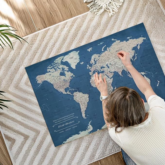ElephantStock - World Adventures Push Pin Travel Map I Wall Art - Horizontal Canvas Wall Art - Living Room Wall Decor - Printmaking Map Canvas Art - Blue And Beige Decor - 39" x 26"