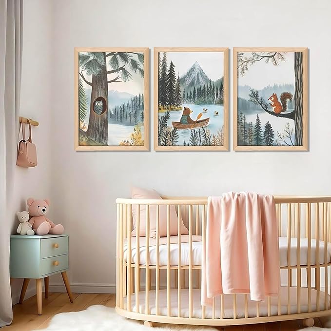 Framed Cute Animals Wall Art Set of 3, Woodland Bear Canoe Adventure Nursery Decor, Owl Squirrel Kids Room Pictures Prints, Wild Animals Canvas Wall Decor for Baby Room Decor – 12x16 inch