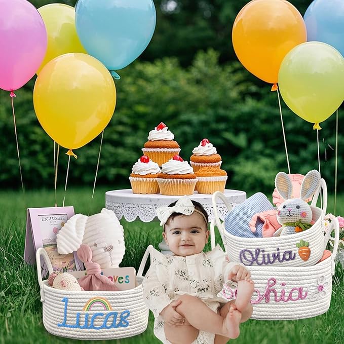 Personalized Basket with Name Custom Cotton Rope Basket Monogrammed Nursery Storage Bin for Diapers Toys & Kids' Room Decor