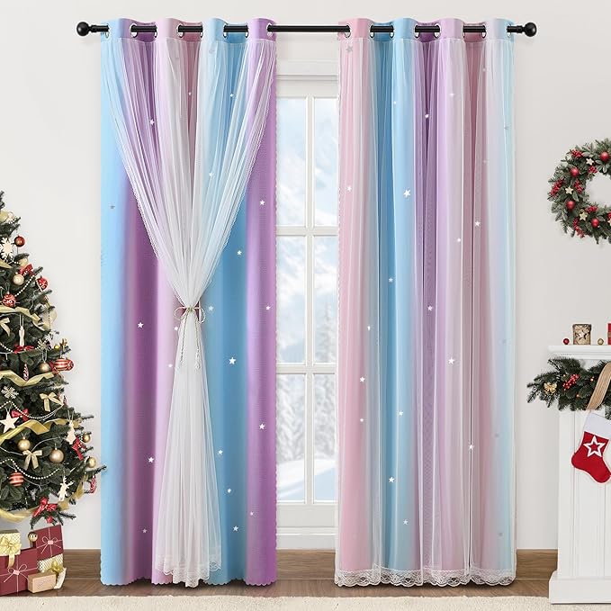 XiDi Kids Curtains 84 Inches Long for Girls Bedroom Nursery Rainbow Blackout Curtains Unicorn Princess Theme Home Decor Grommet Pink and Purple Blue Curtains W34 X L84 2 Panels Set