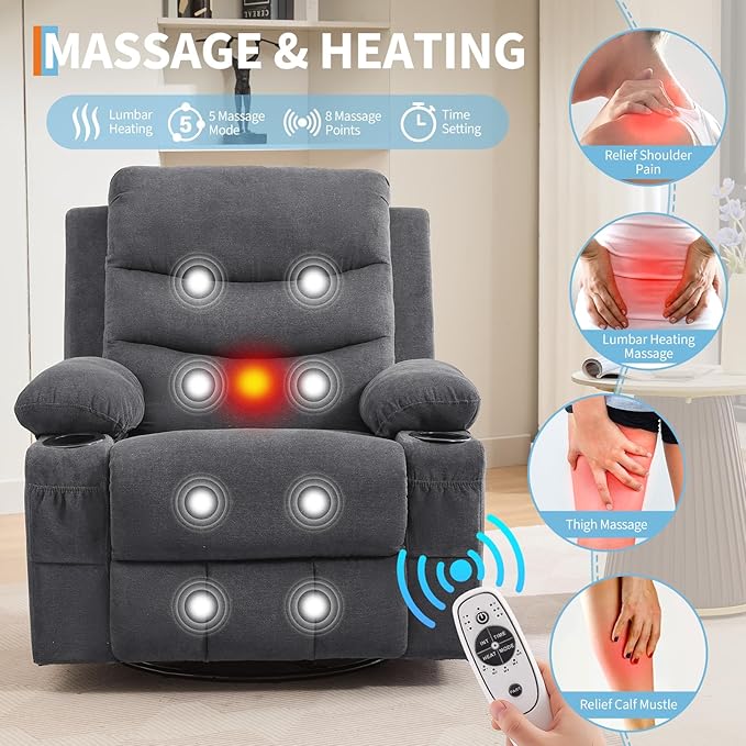 Recliner Chair Nursery, Oversized Manual Reclining Rocking Chair, 360 Swivel Glider with Cup Holder, Massage and Heat Recliner, Indoor Small Single Sofa Chairs for Adults, RV, Bedroom, Linen Gray