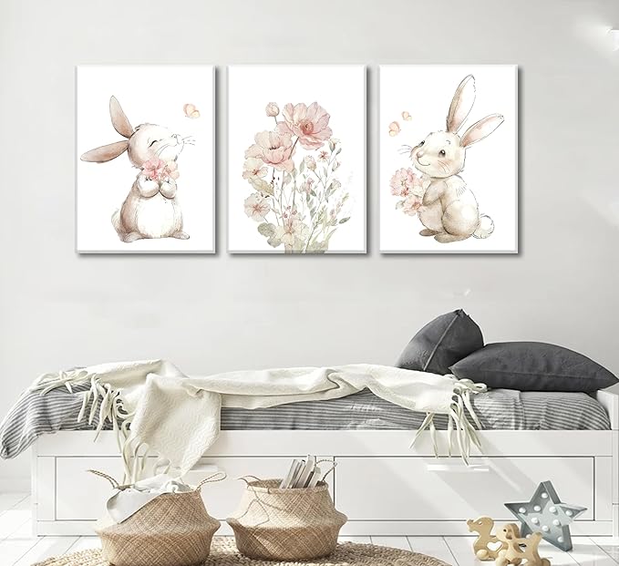 Grengel Pink Girl Nursery Bunny Canvas Wall Art Cute Rabbit Wildflowers Painting Pictures Wall Decor Botanical watercolor Flower Poster printing artwork For Baby Boys and Girls Playroom paintings