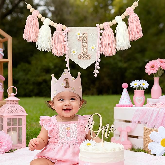 Boho Daisy Highchair Banner 1st Birthday Girl For First Party Decorations Set With Handmade Cake Topper Crown Hat
