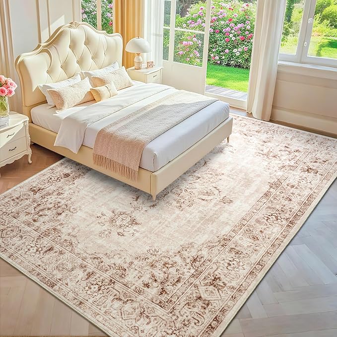 Area Rug 5x7, Washable Rug for Living Room, Large Area Rugs for Bedroom, Vintage Rug 5x7 for Dining Room, Non Slip Soft Low Pile Indoor Carpet for Kitchen, Nursery, Office, Farmhouse, Beige