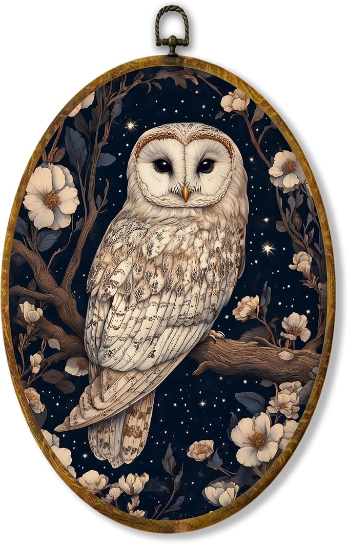 Hiuwevt Enchanted Forest Owl Oval Wall Art Decor, Mystical Whimsical Owl Framed Canvas Prints, Dark Cottagecore Animal Oval Wall Hanging Decor for Home Gallery Decorations, 8.6x11.4 Inches