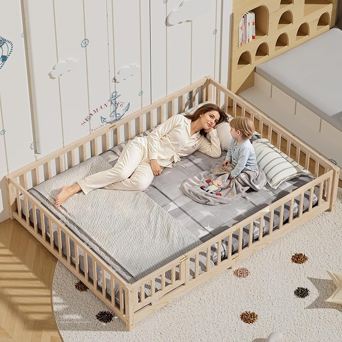 i-POOK Queen Floor Bed for Children, Sturdy Wood Montessori Bed Frame with Wood Slats, High Fence & Small Door, Montessori Floor Bed for Girls and Boys, Natural