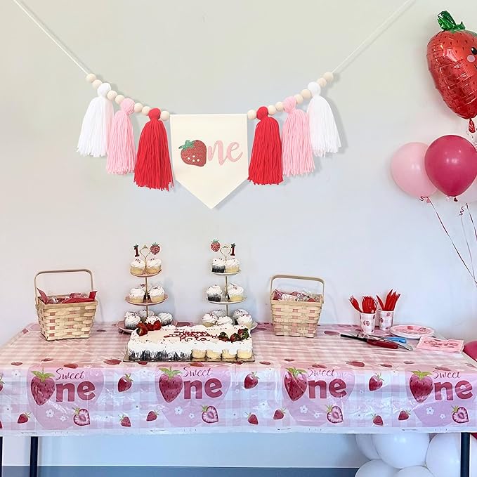 Strawberry 1st Birthday Decor - Sweet One Tassels Highchair Banner - Berry Tassels High Chair Banner For Kids Party - Baby Girl Berry Birthday Decoration - Strawberry High Chair Banner For Photo Booth Props