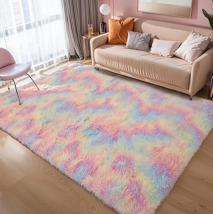 6x9 Rainbow Shaggy Kids Unicorn Rug for Girls Bedroom, Fluffy Fuzzy Soft Plush Pastel Large Area Rugs for Living Room,Washable Non Slip Nursery Boys Dorm Room Carpets