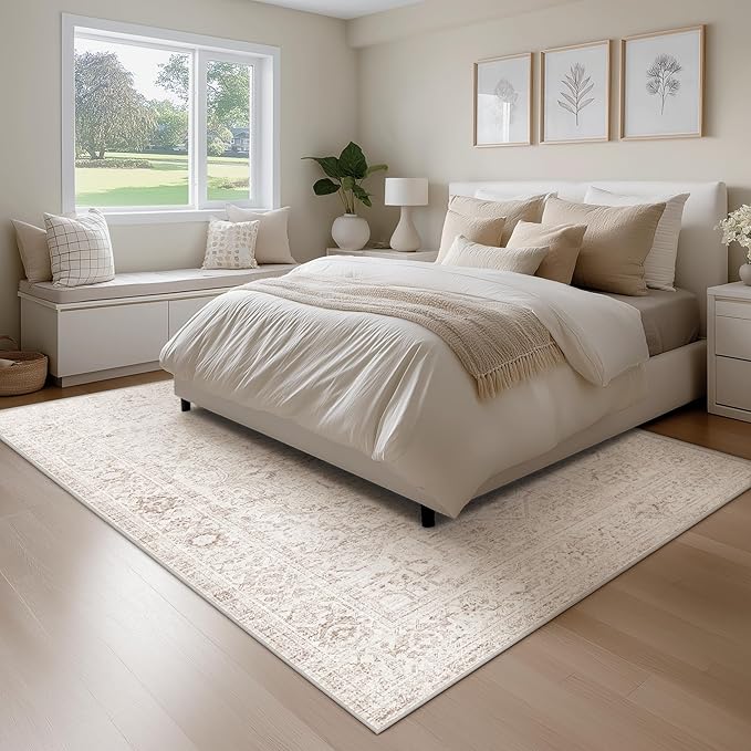 FMFUNCTEX 6x9 Washable Area Rug Beige Vintage Neutral Distressed Oriental Large Non Slip Carpet for Living Room Bedroom Soft Low Pile Indoor Mat Retro Throw Rug for Dining Room Kitchen Office Nursery